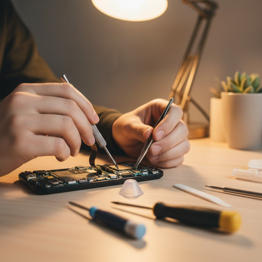 Certified technician repairing a mobile phone